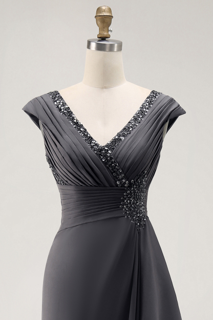 Long Steel Grey V-Neck Sheath Mother of the Bride Dress with Ruffles