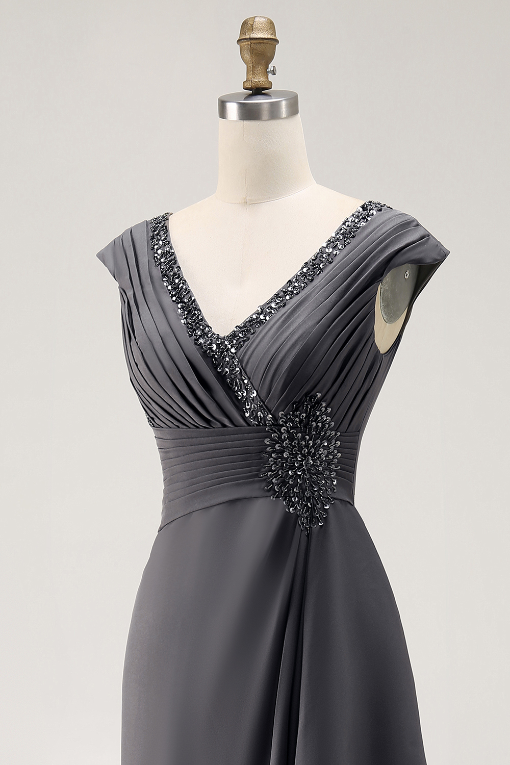 Long Steel Grey V-Neck Sheath Mother of the Bride Dress with Ruffles