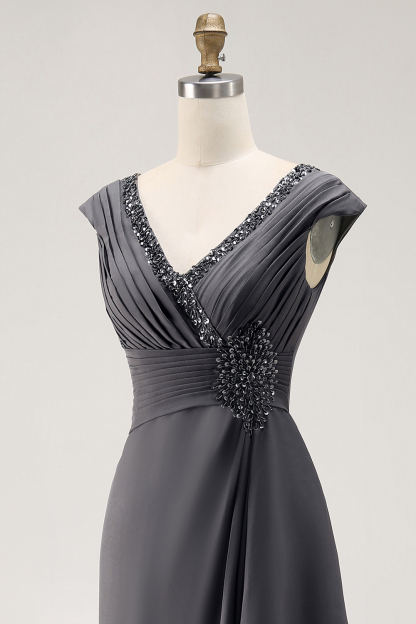 Long Steel Grey V-Neck Sheath Mother of the Bride Dress with Ruffles