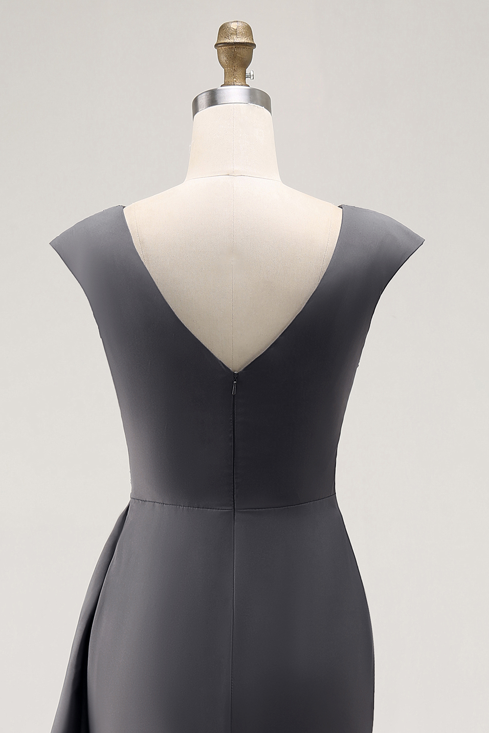 Long Steel Grey V-Neck Sheath Mother of the Bride Dress with Ruffles