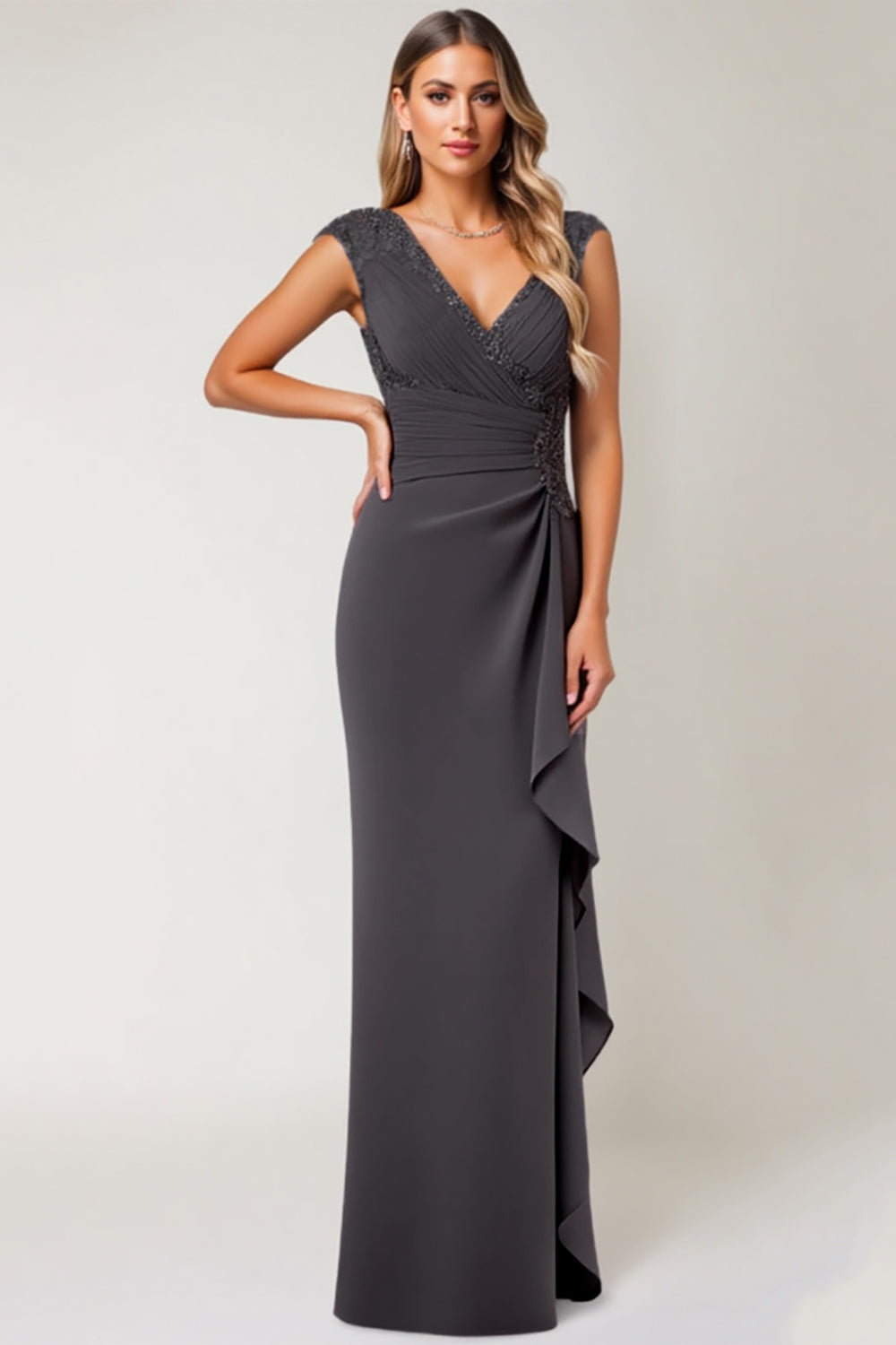 Leely Women Steel Grey Maxi Mother of the Bride Dress with Ruffles V-Neck Sheath Wedding Guest Dress