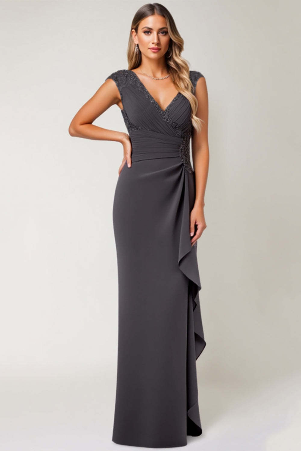 Leely Women Steel Grey Maxi Mother of the Bride Dress with Ruffles V-Neck Sheath Wedding Guest Dress