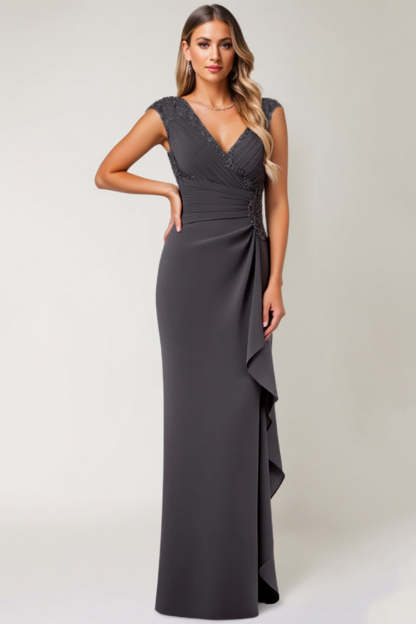 Leely Women Steel Grey Maxi Mother of the Bride Dress with Ruffles V-Neck Sheath Wedding Guest Dress