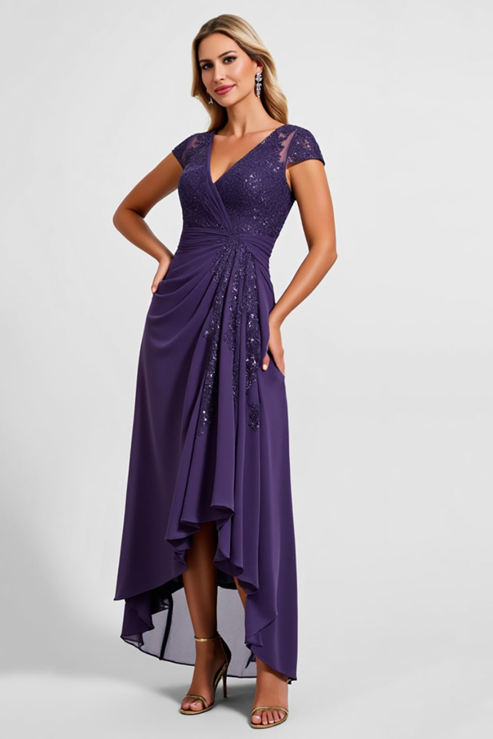Purple Chiffon Sheath Asymmetrical Mother of the Bride Dress with Appliques