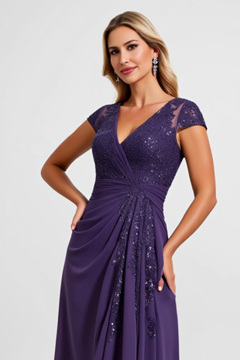 Purple Chiffon Sheath Asymmetrical Mother of the Bride Dress with Appliques
