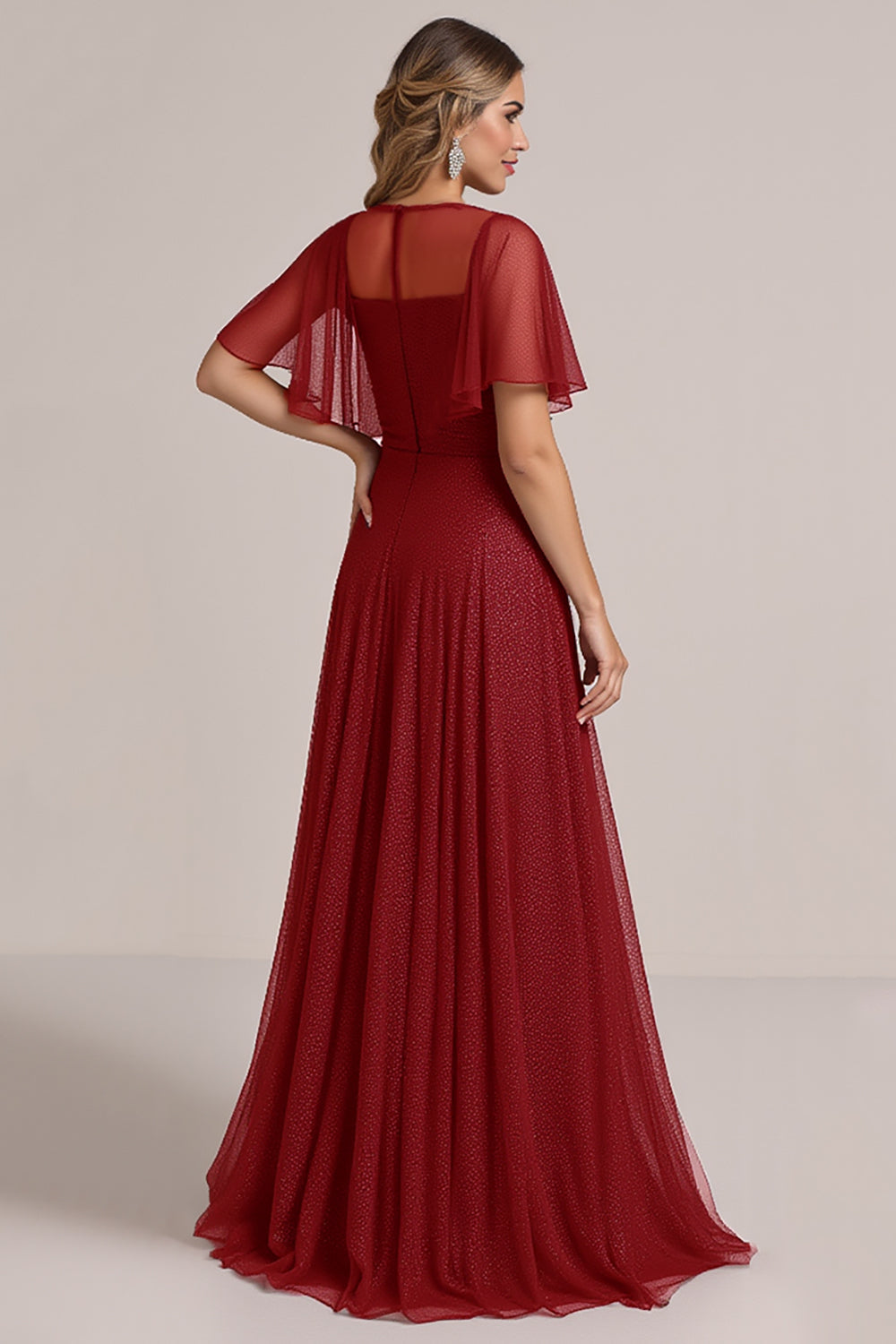 Glitter Burgundy Illusion Boat Neck Maxi Bridesmaid Dress