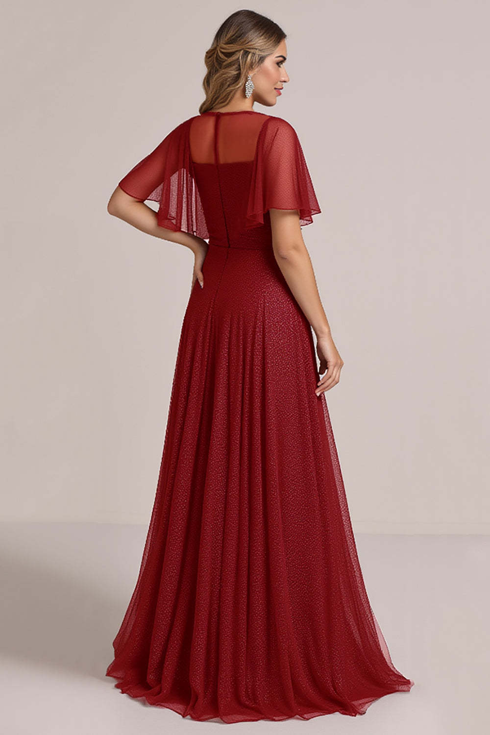 Glitter Burgundy Illusion Boat Neck Maxi Bridesmaid Dress