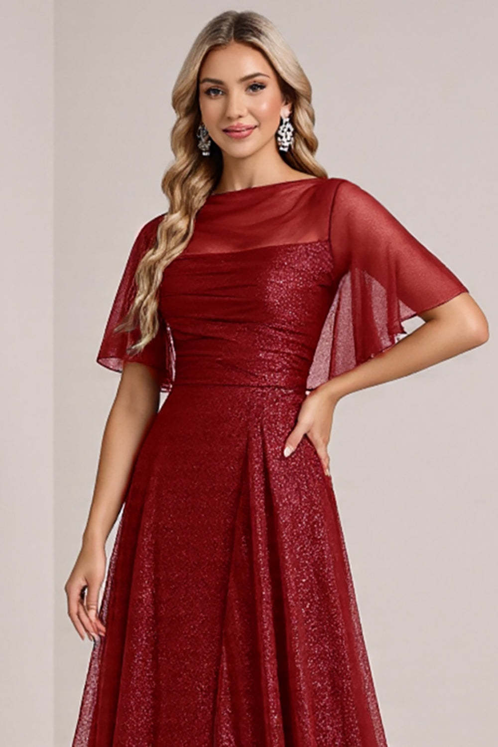 Glitter Burgundy Illusion Boat Neck Maxi Bridesmaid Dress