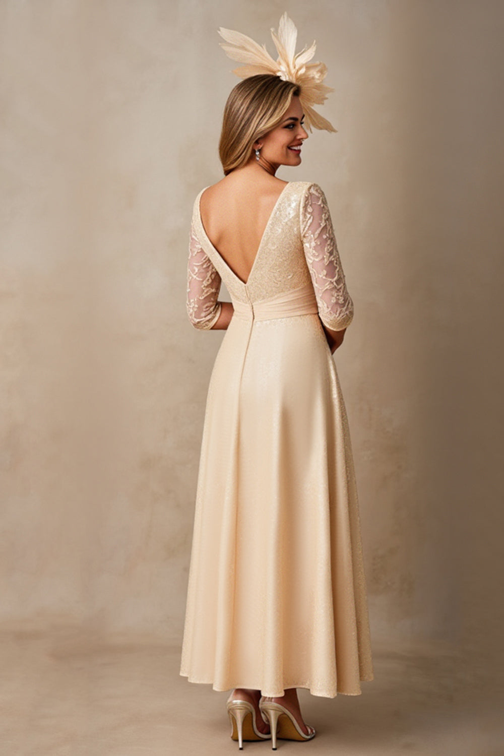 Champagne A Line Boat Neck Maxi Mother of the Bride Dress with Lace