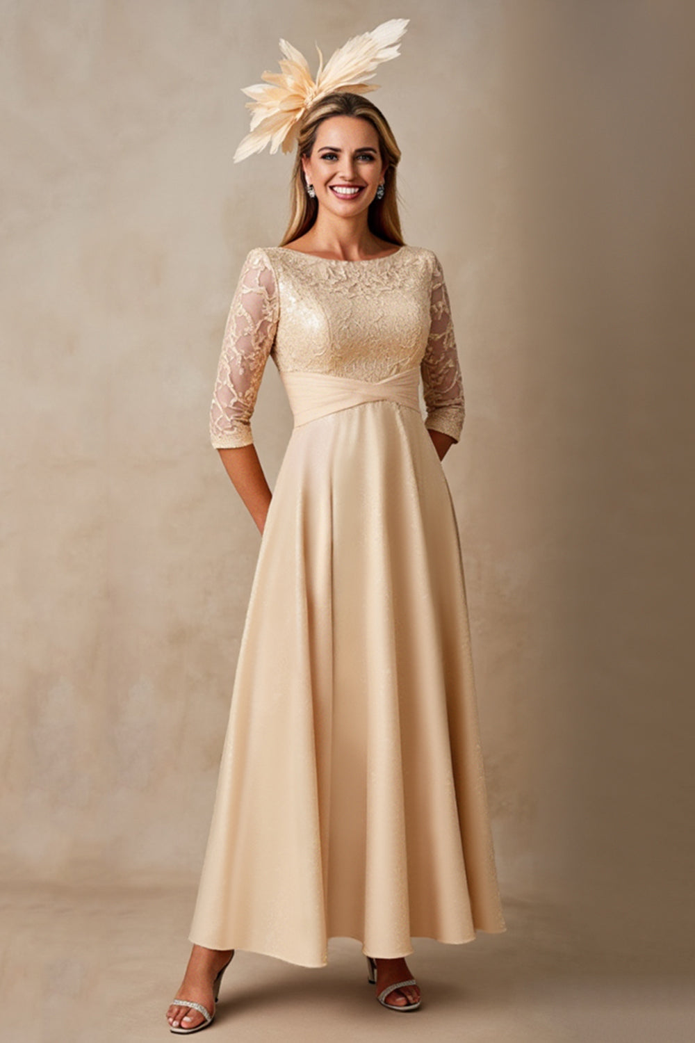 Champagne A Line Boat Neck Maxi Mother of the Bride Dress with Lace