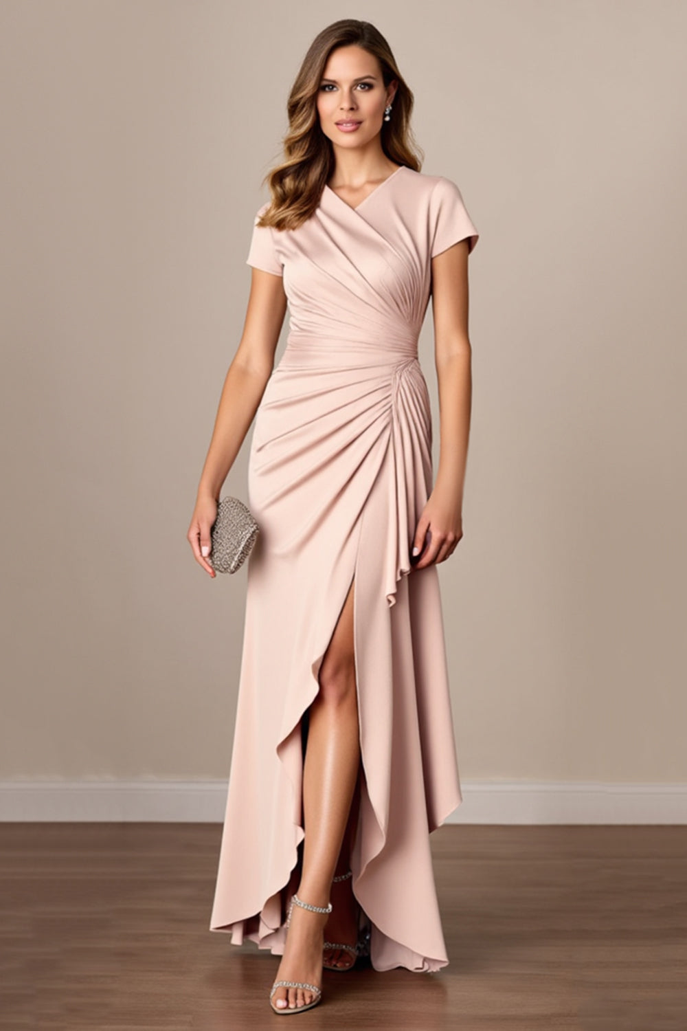 Apricot V-Neck Ruched Sheath Maxi Mother of the Bride Dress with Slit