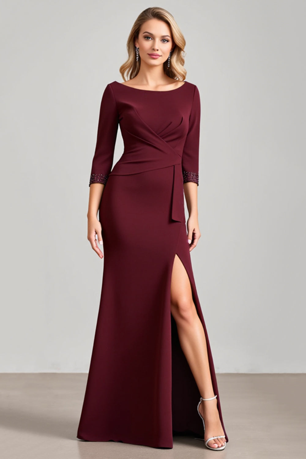 Burgundy Satin Beaded Ruched Maxi Mother of the Bride Dress with Slit