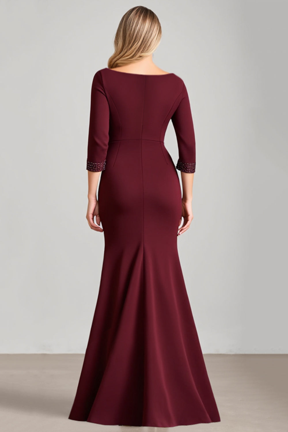Burgundy Satin Beaded Ruched Maxi Mother of the Bride Dress with Slit