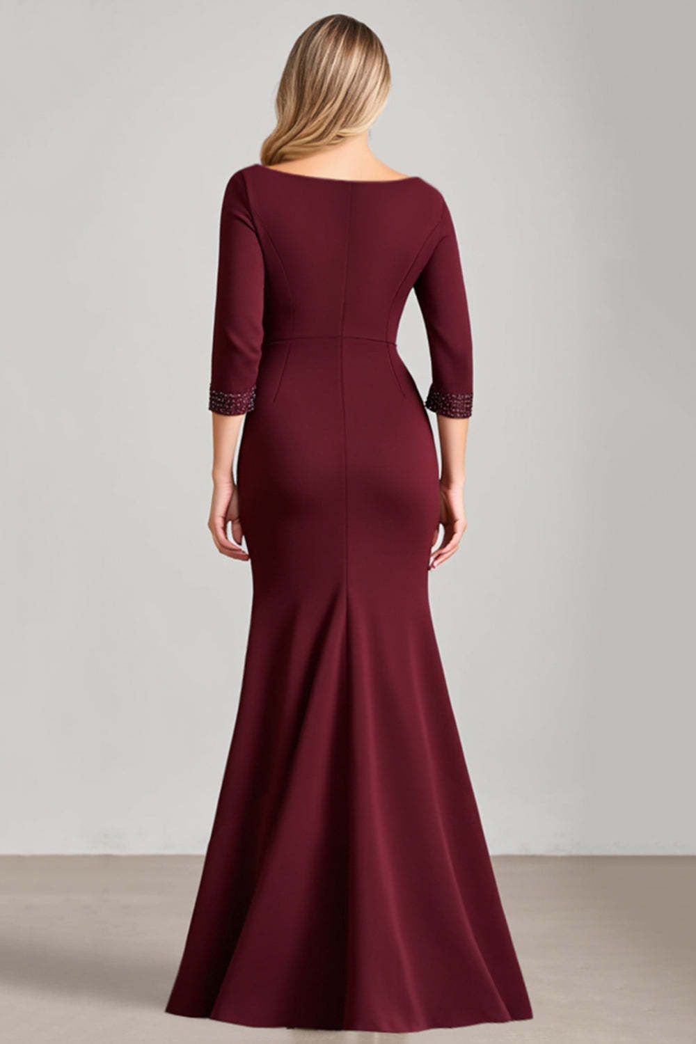 Burgundy Satin Beaded Ruched Maxi Mother of the Bride Dress with Slit
