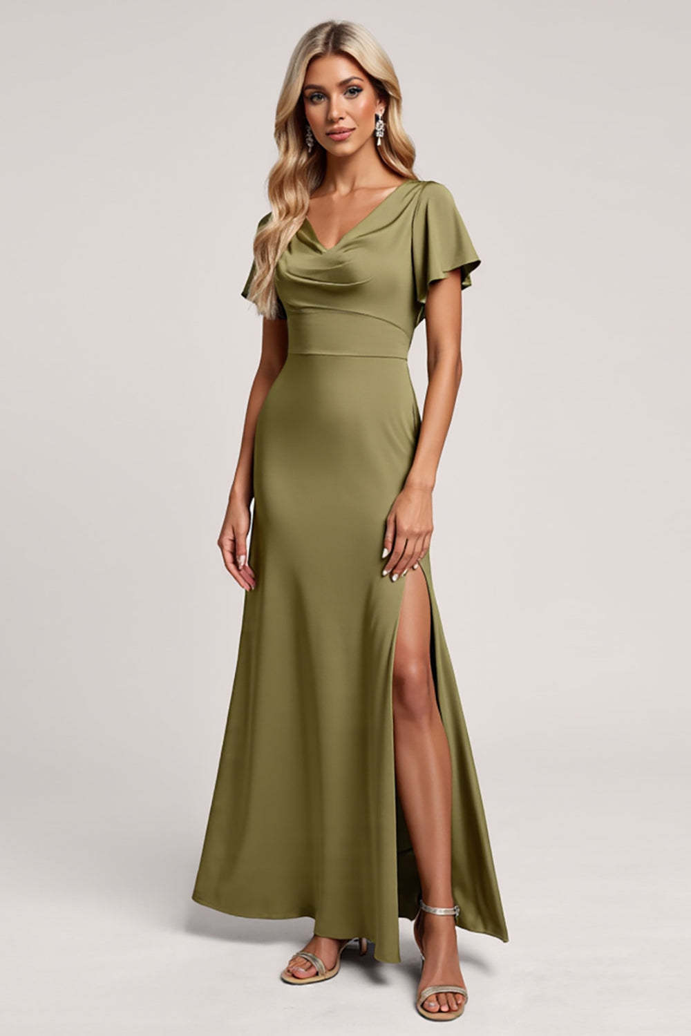 Leely Women Olive Satin Sheath Maxi Bridesmaid Dress with Slit V-Neck Short Sleeves Wedding Guest Dress