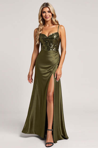 Leely Women Sparkly Olive Sheath Satin Maxi Bridesmaid Dress with Slit Spaghetti Straps Backless Wedding Guest Dress