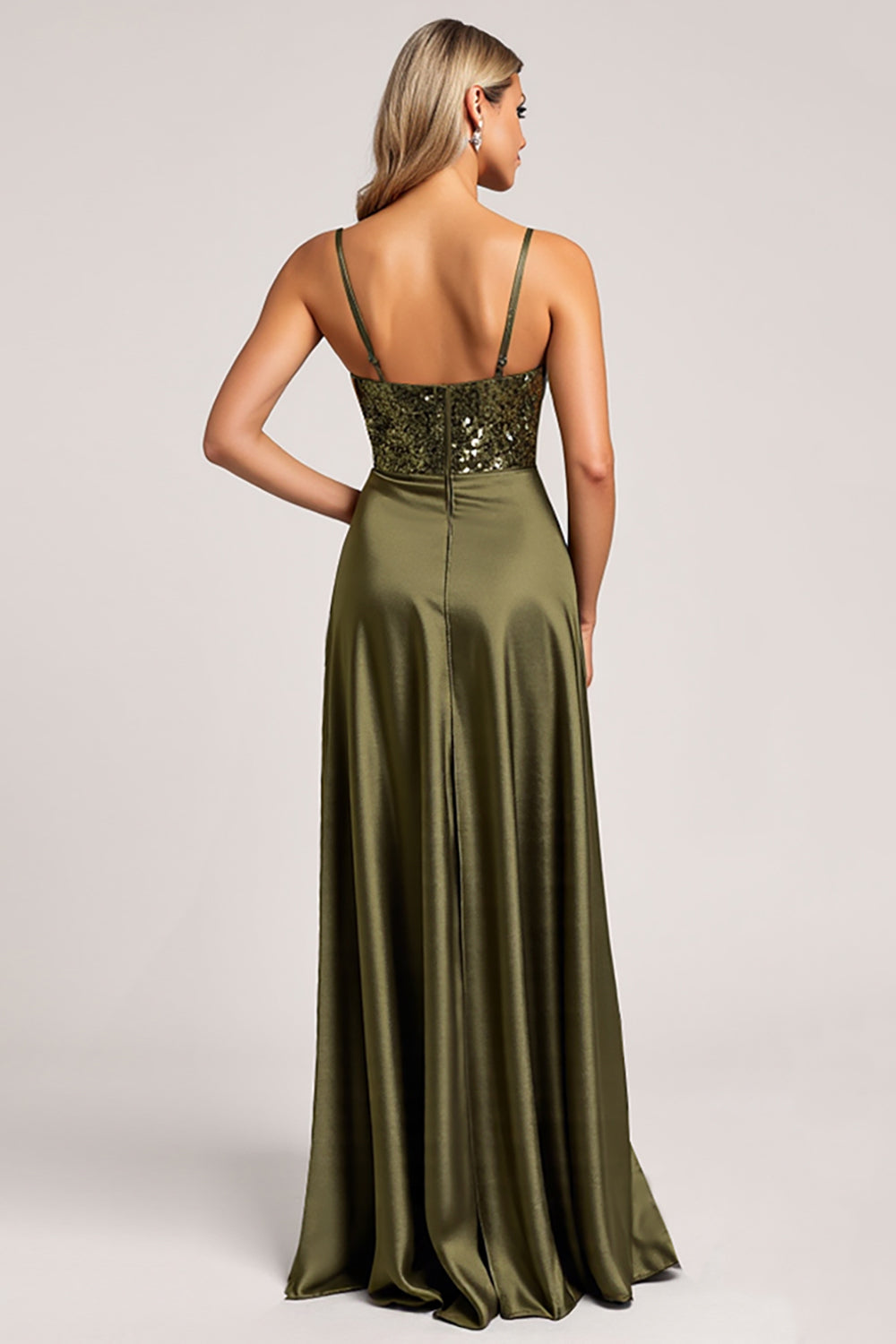 Sparkly Olive Spaghetti Straps Satin Maxi Bridesmaid Dress with Slit