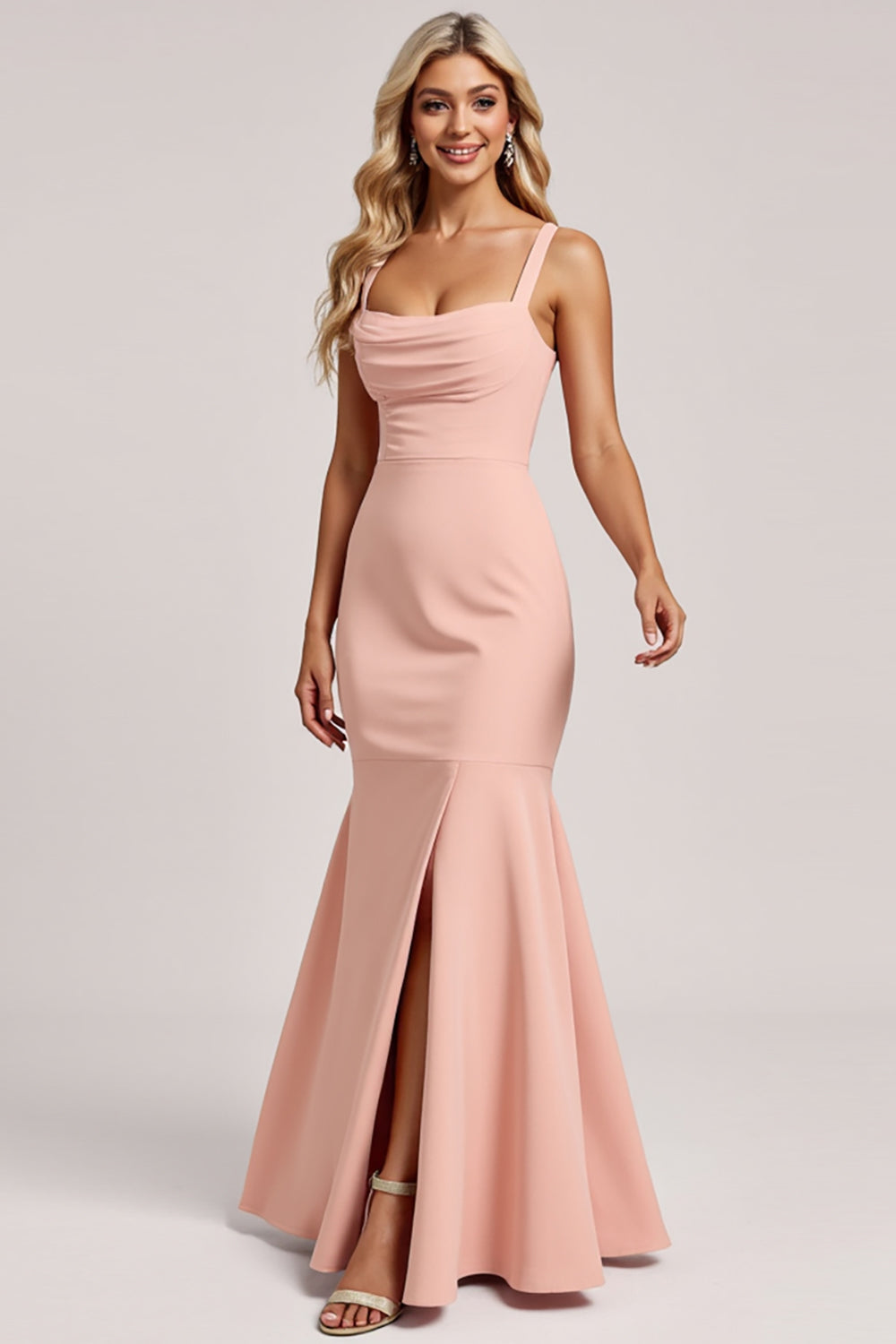 Leely Women Blush Mermaid Maxi Bridesmaid Dress with Slit Spaghetti Straps Satin Wedding Guest Dress