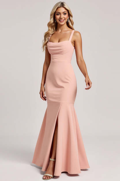 Leely Women Blush Mermaid Maxi Bridesmaid Dress with Slit Spaghetti Straps Satin Wedding Guest Dress