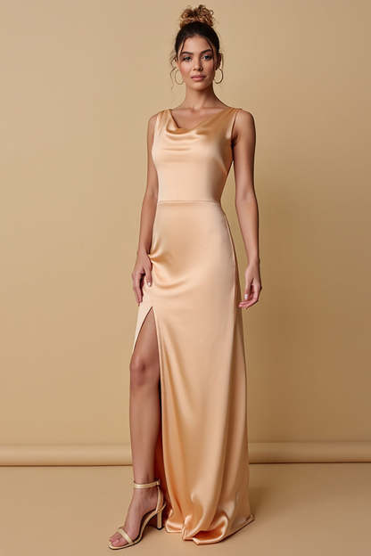 Leely Women Champagne Sheath Maxi Bridesmaid Dress with Slit Satin Cowl Neck Wedding Guest Dress