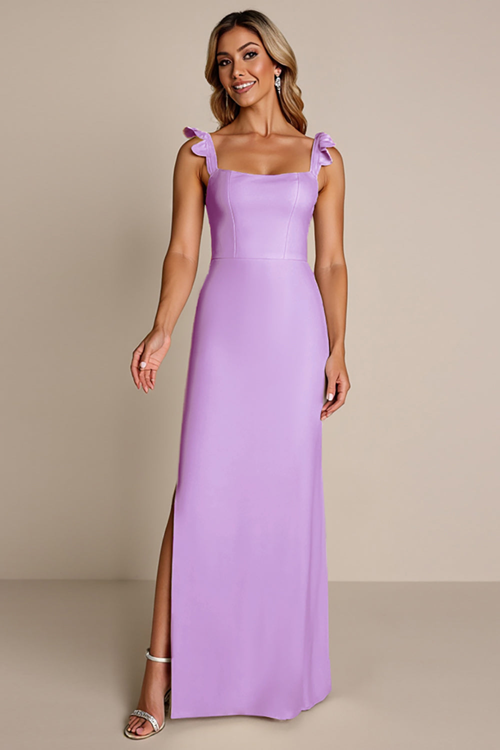 Leely Women Lilac Satin Sheath Maxi Bridesmaid Dress with Slit Ruffled Square Neck Wedding Guest Dress
