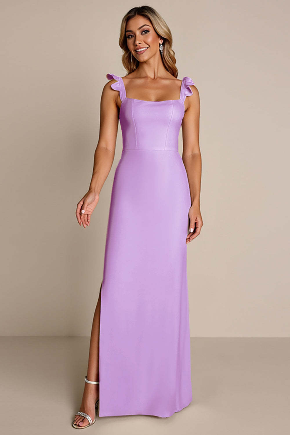 Leely Women Lilac Satin Sheath Maxi Bridesmaid Dress with Slit Ruffled Square Neck Wedding Guest Dress
