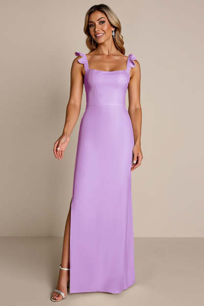 Leely Women Lilac Satin Sheath Maxi Bridesmaid Dress with Slit Ruffled Square Neck Wedding Guest Dress
