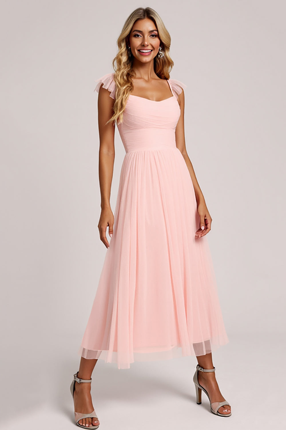Blush Tulle A Line Square Neck Maxi Bridesmaid Dress