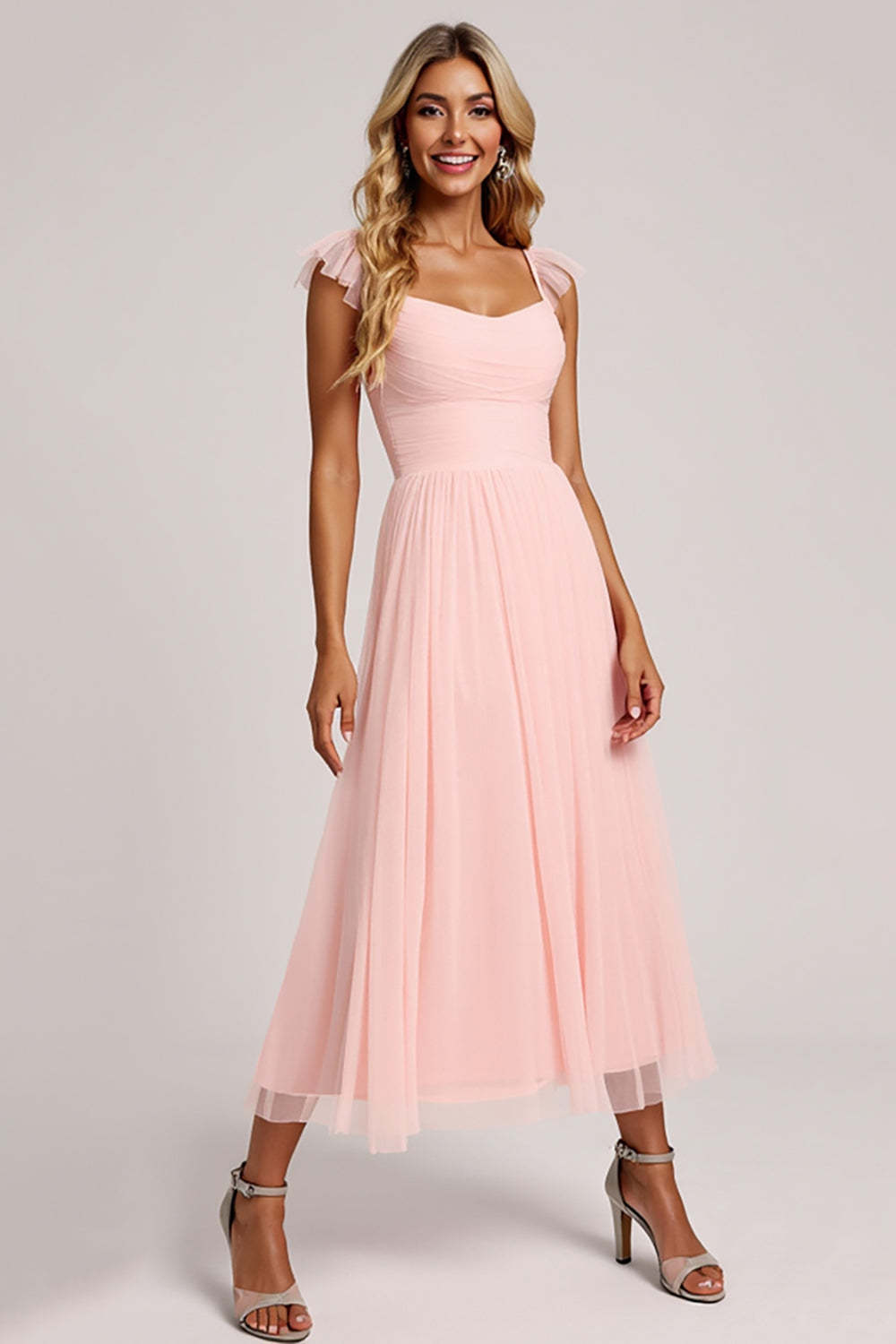Leely Women Blush Tulle A Line Maxi Bridesmaid Dress Square Neck Cap Sleeves Wedding Guest Dress