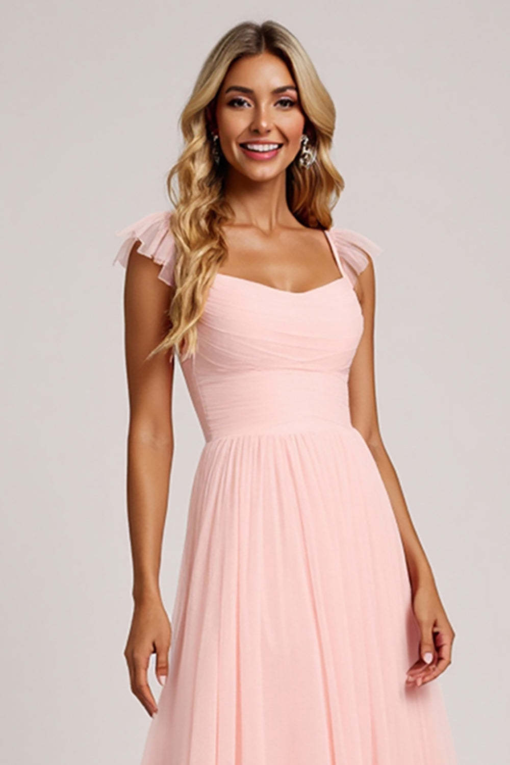 Blush Tulle A Line Square Neck Maxi Bridesmaid Dress