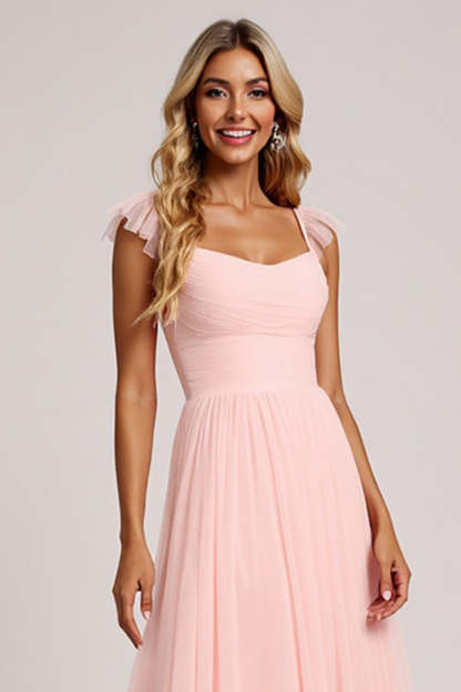Blush Tulle A Line Square Neck Maxi Bridesmaid Dress