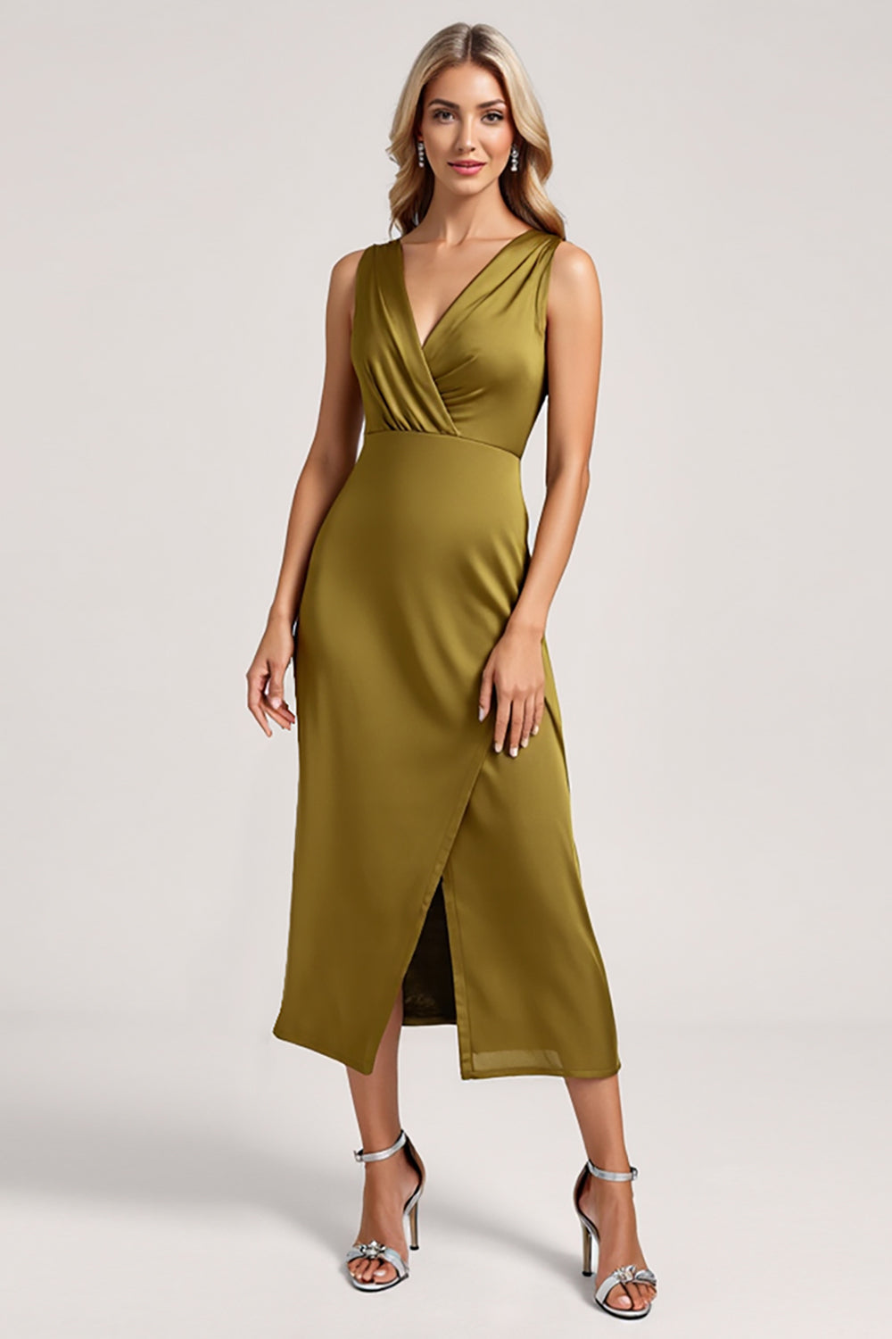 Leely Women Olive Sheath Satin Midi Bridesmaid Dress with Slit Ruched V-Neck Simple Wedding Guest Dress