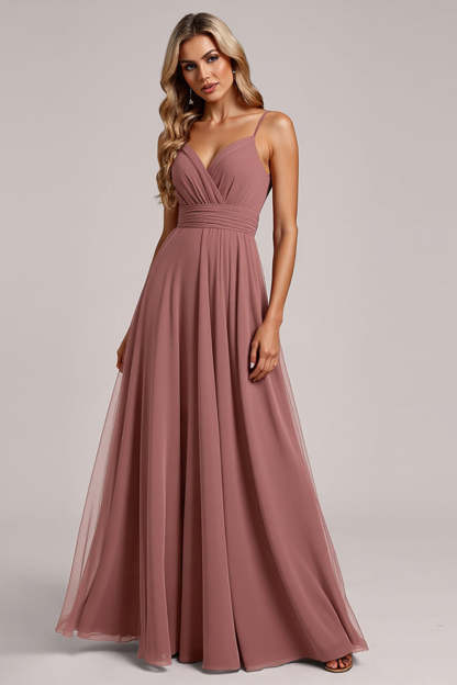 Leely Women Vintage Mauve Tulle A Line Maxi Bridesmaid Dress Ruched Backless Spaghetti Straps Wedding Dress