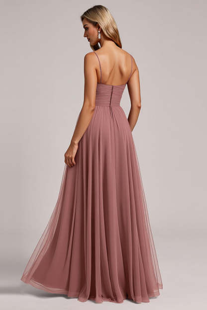 Vintage Mauve A Line Backless Ruched Maxi Bridesmaid Dress
