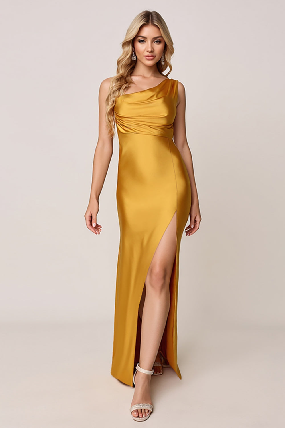 Leely Women Gold Sheath Satin Maxi Bridesmaid Dress with Slit Ruched One Shoulder Wedding Guest Dress