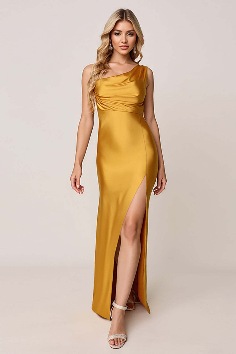 Leely Women Gold Sheath Satin Maxi Bridesmaid Dress with Slit Ruched One Shoulder Wedding Guest Dress