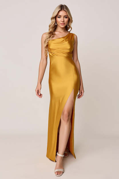 Leely Women Gold Sheath Satin Maxi Bridesmaid Dress with Slit Ruched One Shoulder Wedding Guest Dress