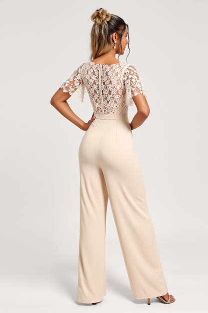 Apricot V-Neck Maxi Bridesmaid Jumpsuit with Lace
