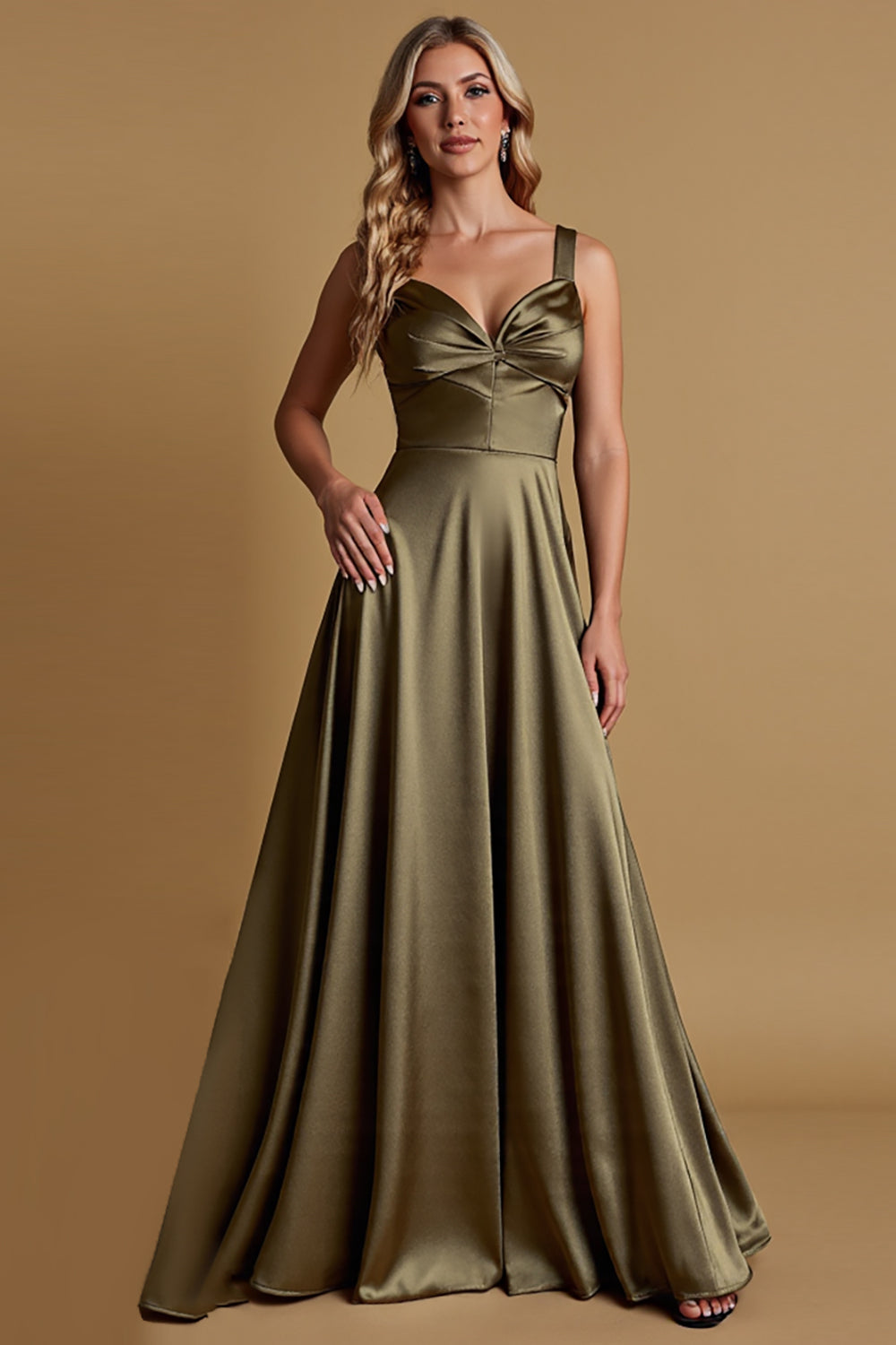 Leely Women Olive Satin A Line Maxi Bridesmaid Dress Ruched Spaghetti Straps Wedding Guest Dress