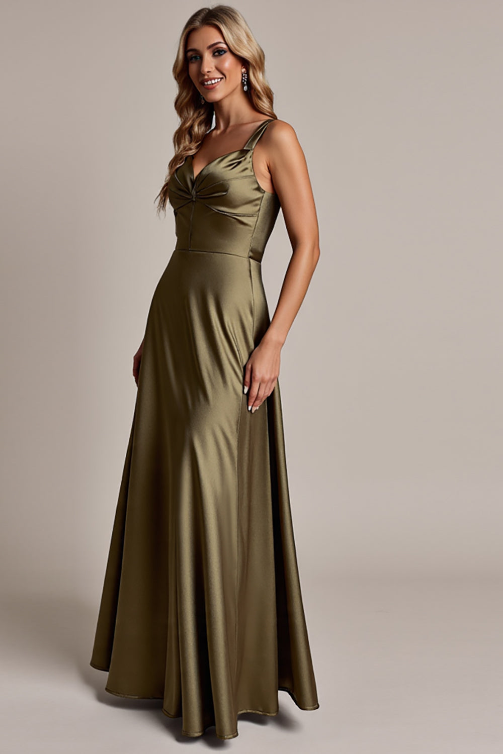 Olive A Line Satin Spaghetti Straps Ruched Maxi Bridesmaid Dress