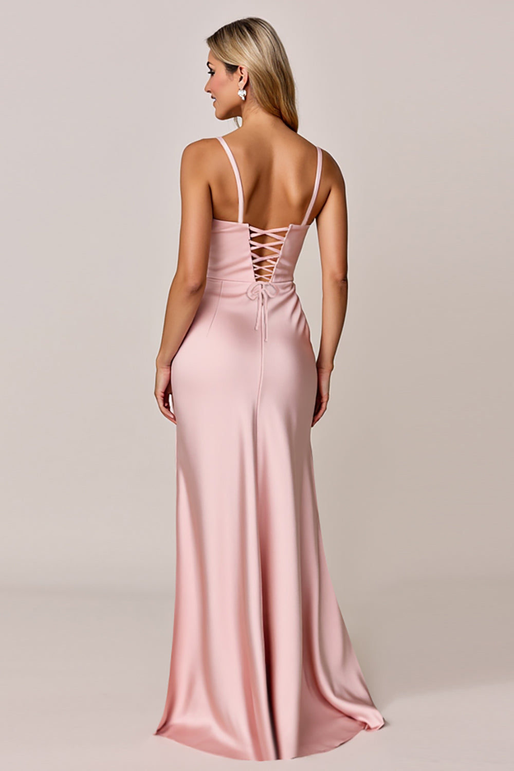 Blush Mermaid Satin Spaghetti Straps Maxi Bridesmaid Dress with Slit