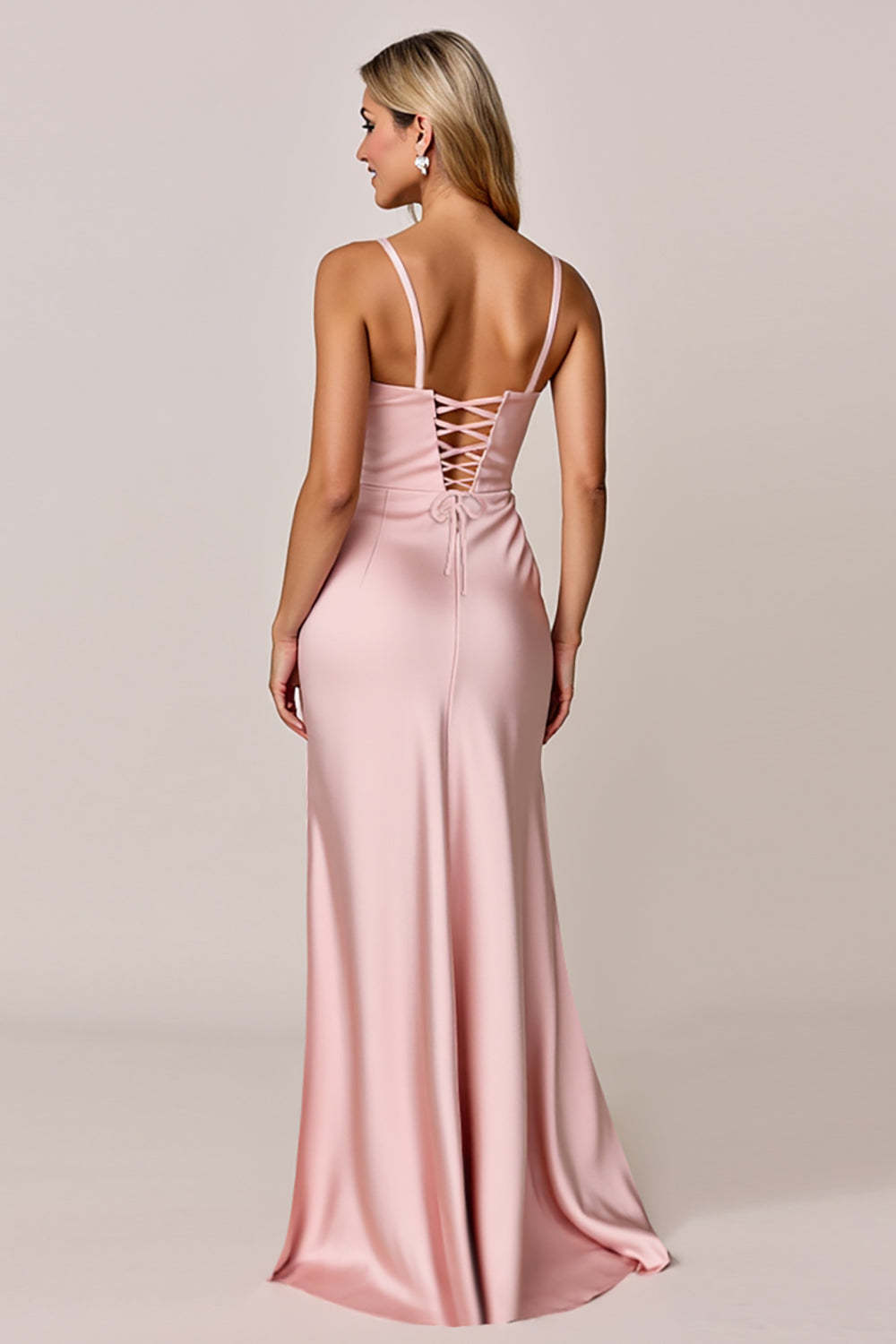 Blush Mermaid Satin Spaghetti Straps Maxi Bridesmaid Dress with Slit
