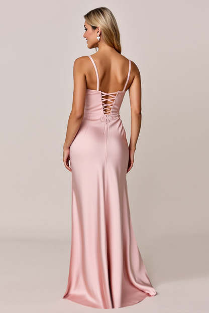 Blush Mermaid Satin Spaghetti Straps Maxi Bridesmaid Dress with Slit