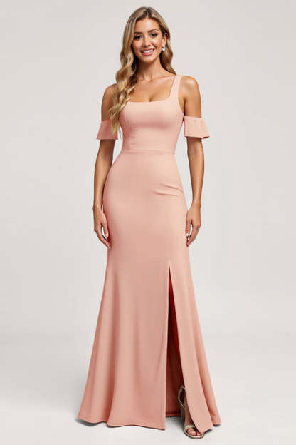 Leely Women Blush Satin Maxi Bridesmaid Dress with Slit Square Neck Mermaid Detachable Sleeves Wedding Dress