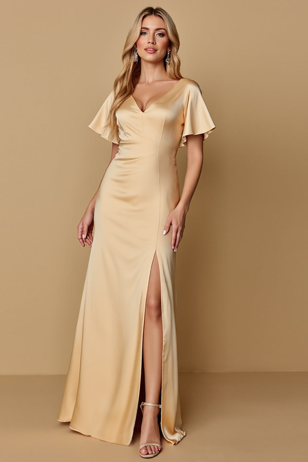 Leely Women Champagne Satin Sheath Maxi Bridesmaid Dress with Slit Simple V-Neck Flutter Sleeves Wedding Guest Dress