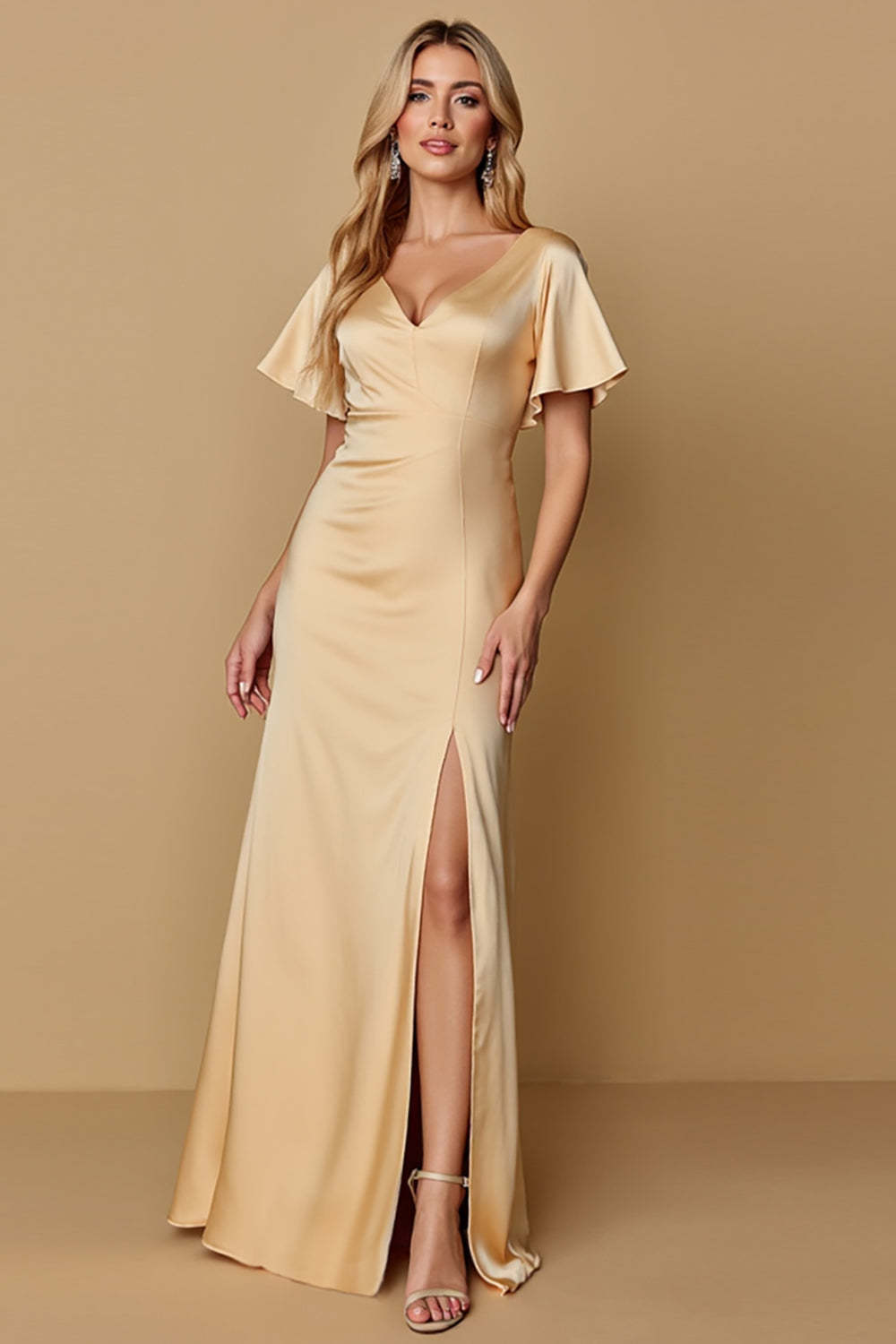 Leely Women Champagne Satin Sheath Maxi Bridesmaid Dress with Slit Simple V-Neck Flutter Sleeves Wedding Guest Dress