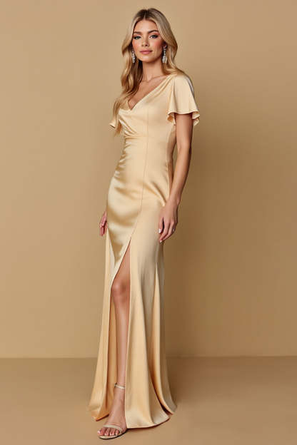 Champagne Sheath Satin V-Neck Maxi Bridesmaid Dress with Slit