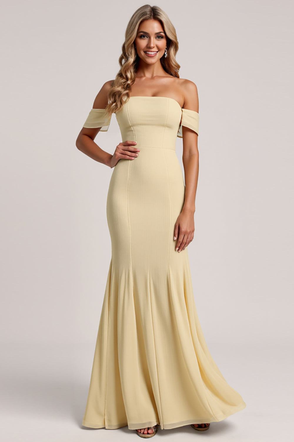 Daffodil Chiffon Mermaid Off the Shoulder Maxi Bridesmaid Dress