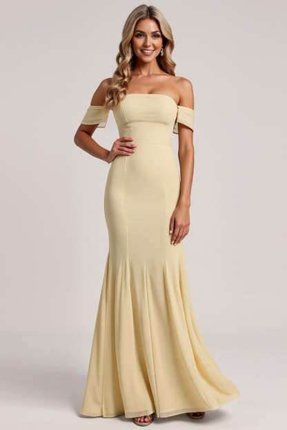 Leely Women Daffodil Chiffon Mermaid Maxi Bridesmaid Dress Off the Shoulder Detachable Sleeves Wedding Guest Dress