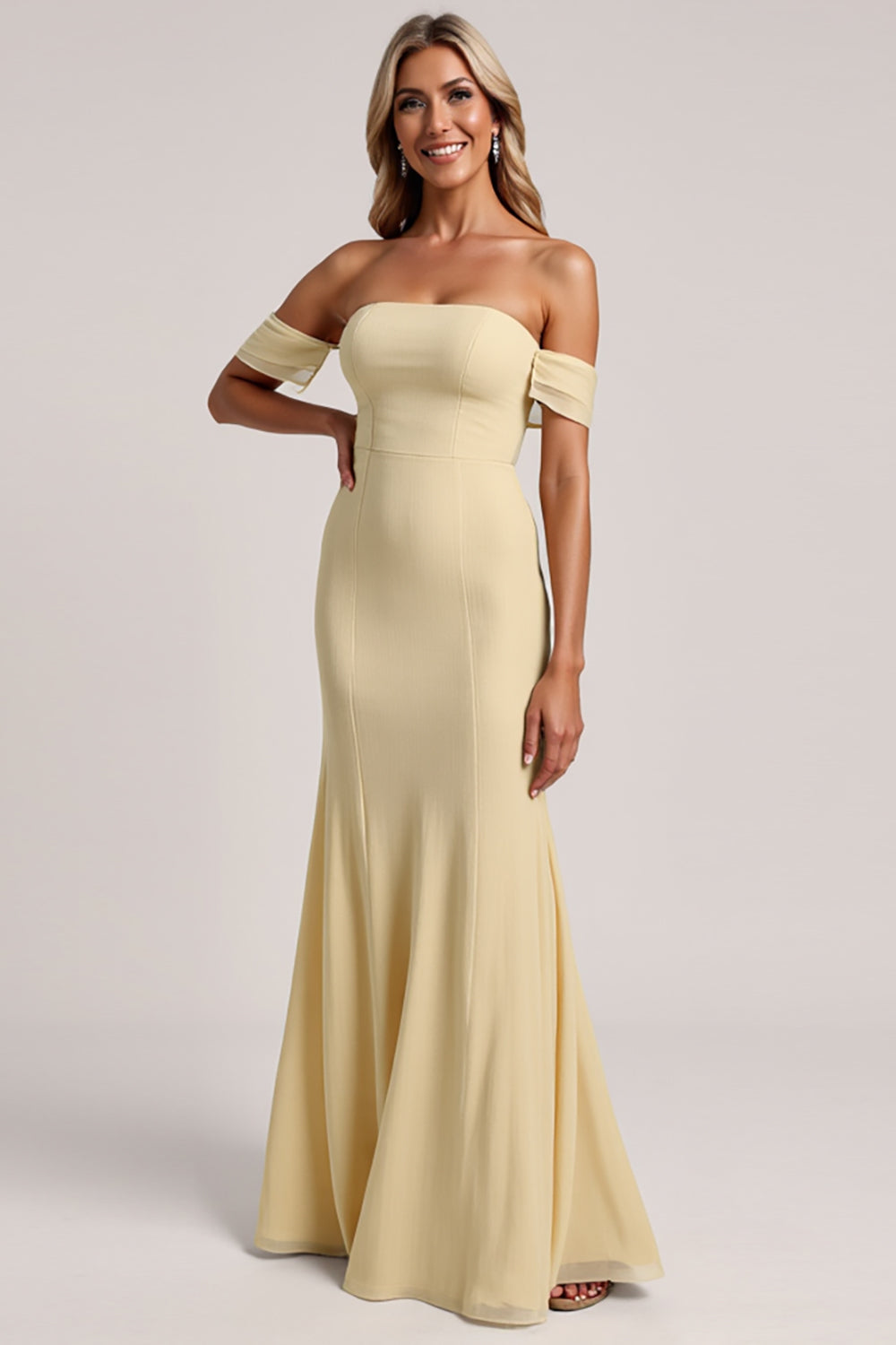 Daffodil Chiffon Mermaid Off the Shoulder Maxi Bridesmaid Dress